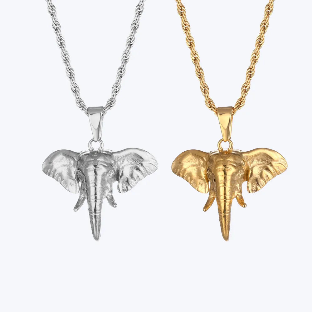 Vintage Mens Punk Rolo Chain Elephant Necklaces High Quality 18k Gold Plated Jewelry Customized Stainless Steel Animal Neckla