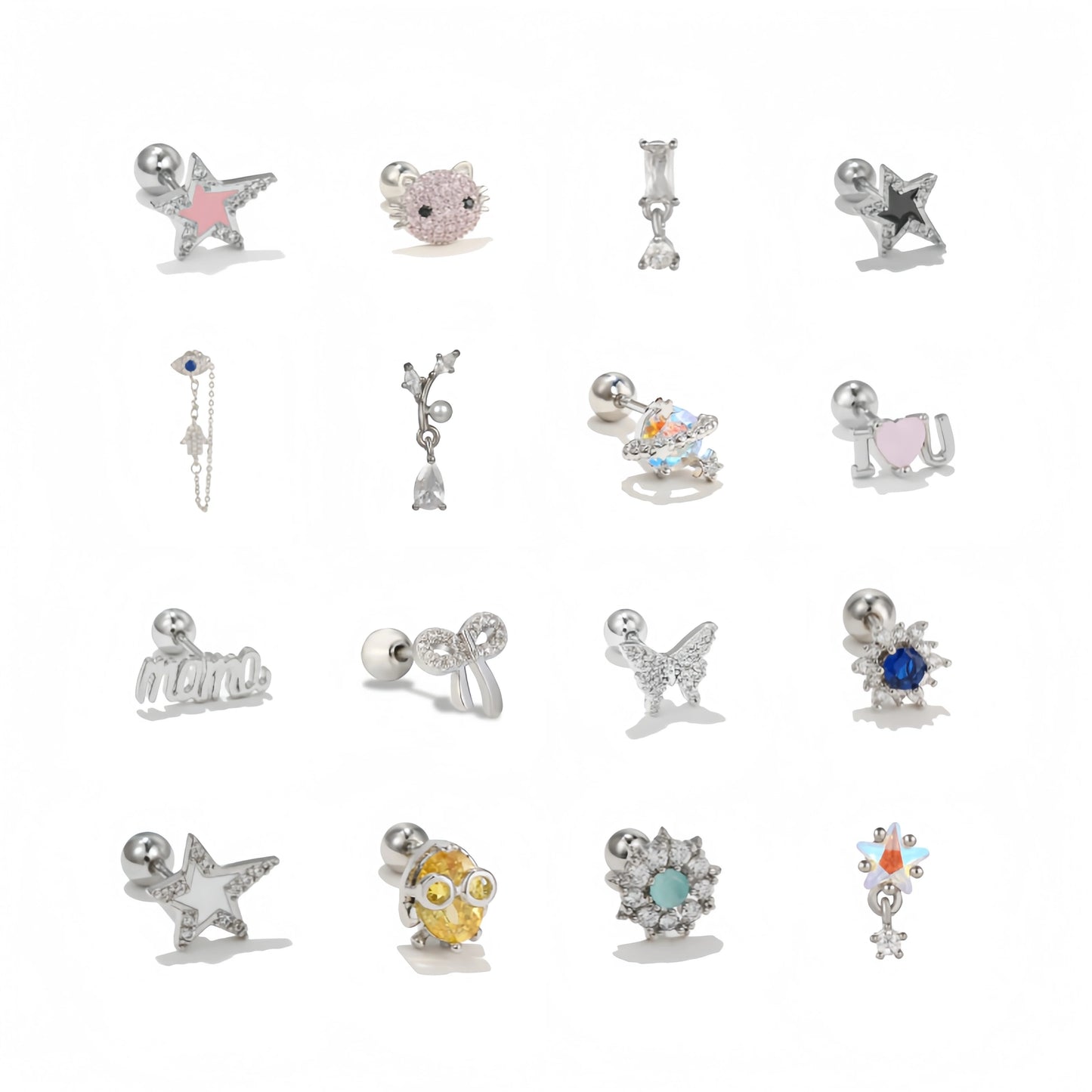 New Simple Diamonds Studs Flat Back Earrings Personality Jewelry Cute Animal 18k Gold Plated Zircon Screw Ear Bone Stud for G