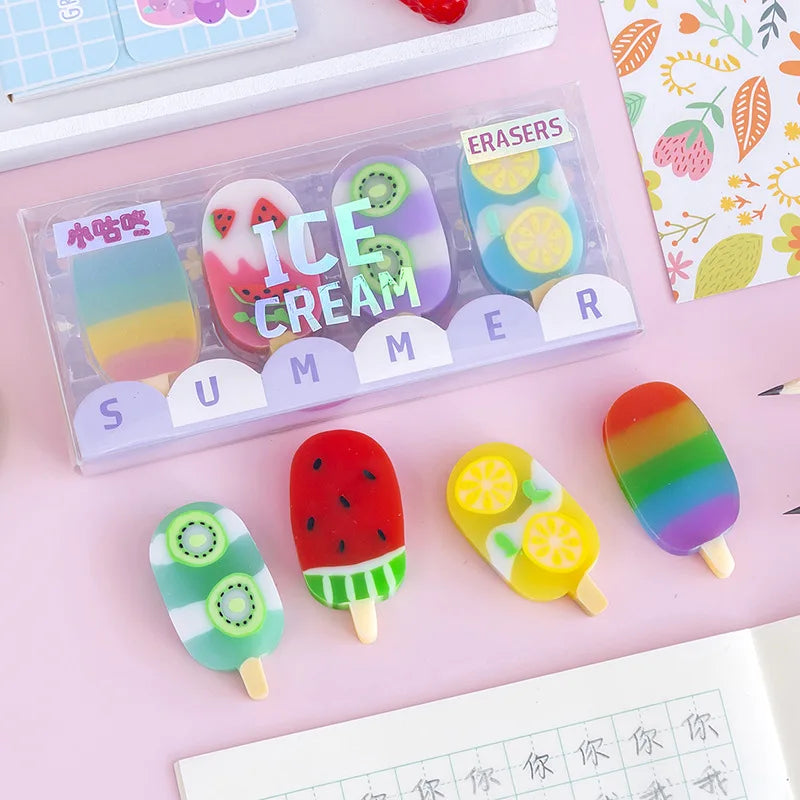 Stock 4 Pcs/set Novelty Summer Ice Cream Rubber Eraser Kawaii Erasers School Supplies Stationery Kids Students Cute Erasers