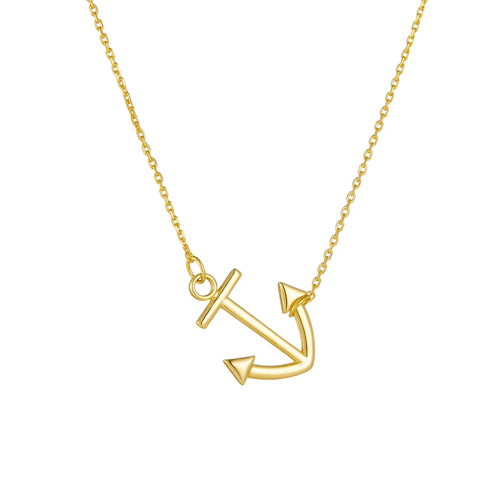 Fashion Minimalist Jewelry 925 Sterling Silver Necklaces Plain Ship Anchor Charm Gold Plated Necklaces for Women Summer Beach