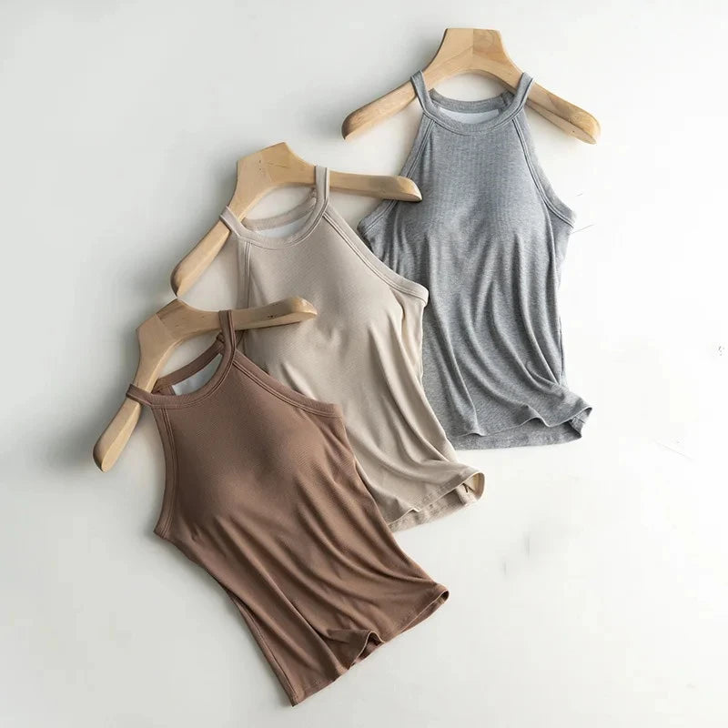 Basic Solid T Shirts Women Slim Halter Neck Off-shoulder Camisole Tops Tees Summer Female Tanks Sleeveless With Chest Pad