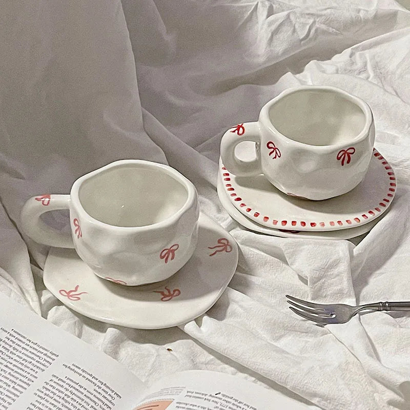 Ins Hand Painted Bow Ceramic Coffee Mug and Saucer Girl Heart Irregular Breakfast Mug