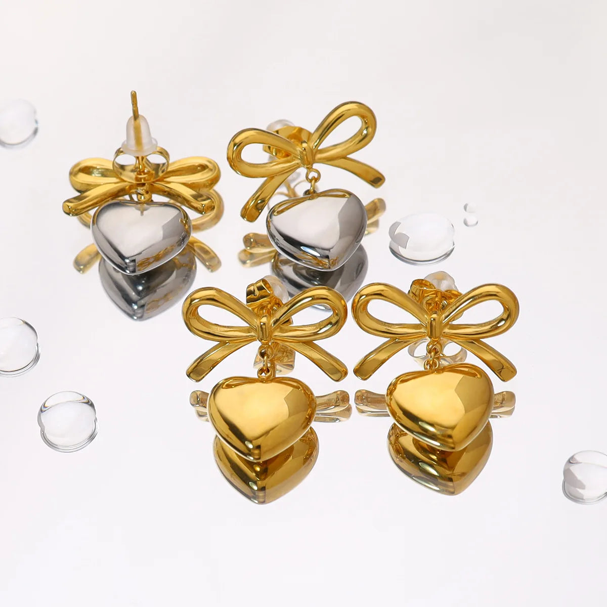 Stainless Steel Hypoallergenic Tarnish Free 18k Pvd Gold Plated Bow and Heart Drop Earrings for Women