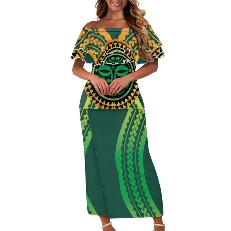 Maori Polynesian Tribal Custom Puletasi Green 2 Pcs Summer Elegant Women's Ruffle Shoulder Dresses Plus Size Pattern Pacific