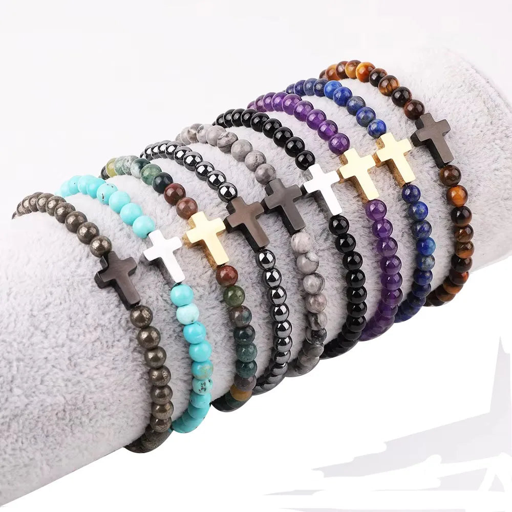 High Quality New Design 4mm Natural Stone Bracelet Elastic Men Tiger Eye Hematite Jasper Stainless Steel Mini Cross Bracelet