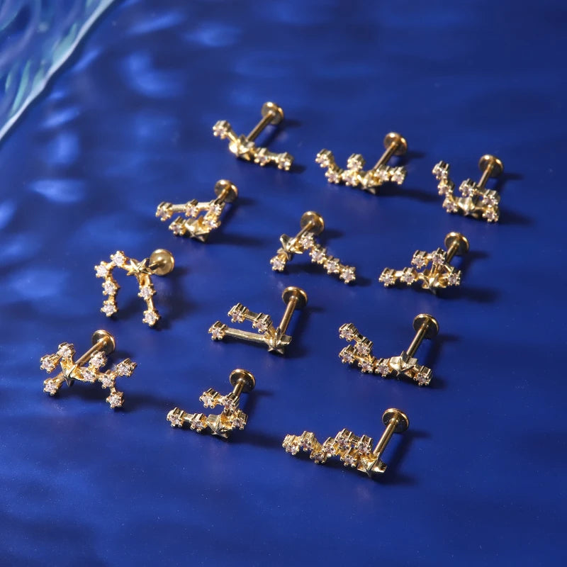 Stainless Steel Gold Plated Ear Helix Tragus Lip Stud Piercing Jewelry Cubic Zircon Twtelve Star Shape Labret Piercing