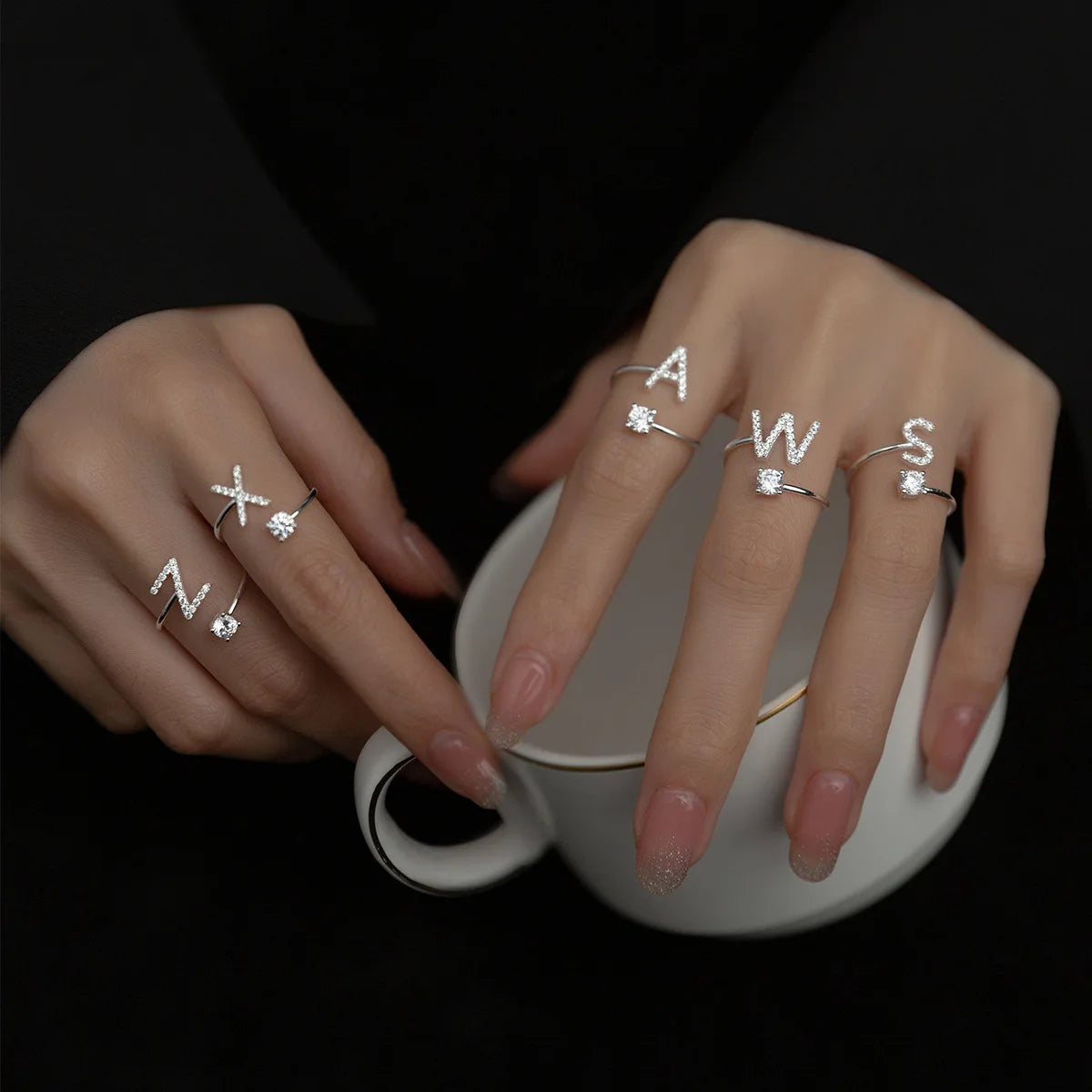 Bague Real 925 Sterling Silver Rings for Women Wedding Party Jewelry 26 Initial A-Z Letter Clear CZ Opening Ring Fine Jewelry