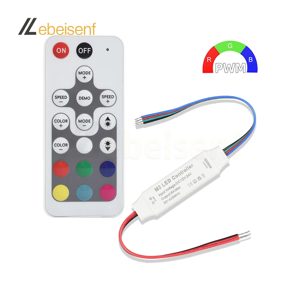 Lebeisenf New Mini RGB 6A DC 12V-24V 3-Channel Low Voltage LED PWM Dimming Signal Controller RF 433MHz Wireless Remote Contro