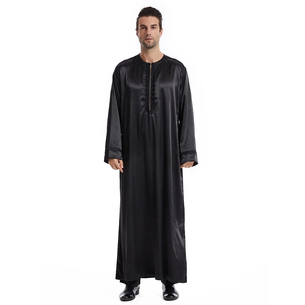 Plain Black White Tan Apricot Color Polyester Fabric Zipper Closure Embroidery Arabic Thobe for Muslim Men