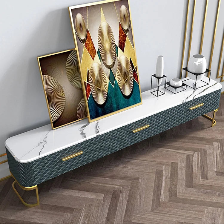 Modern Farmhouse Living Room Wood TV Stand Coffee Table Luxury Combo Gold-Plated Stainless Steel Base with Drawers