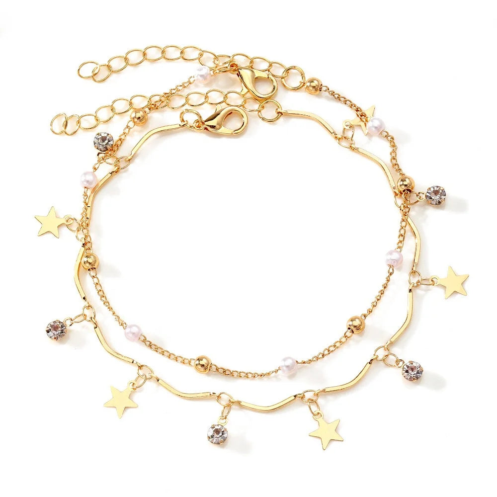 Classic Fashionable Simple Everything Pendant Anklet and Bangles Set Women's Five-Pointed Star Gold Plated Zinc Alloy Party