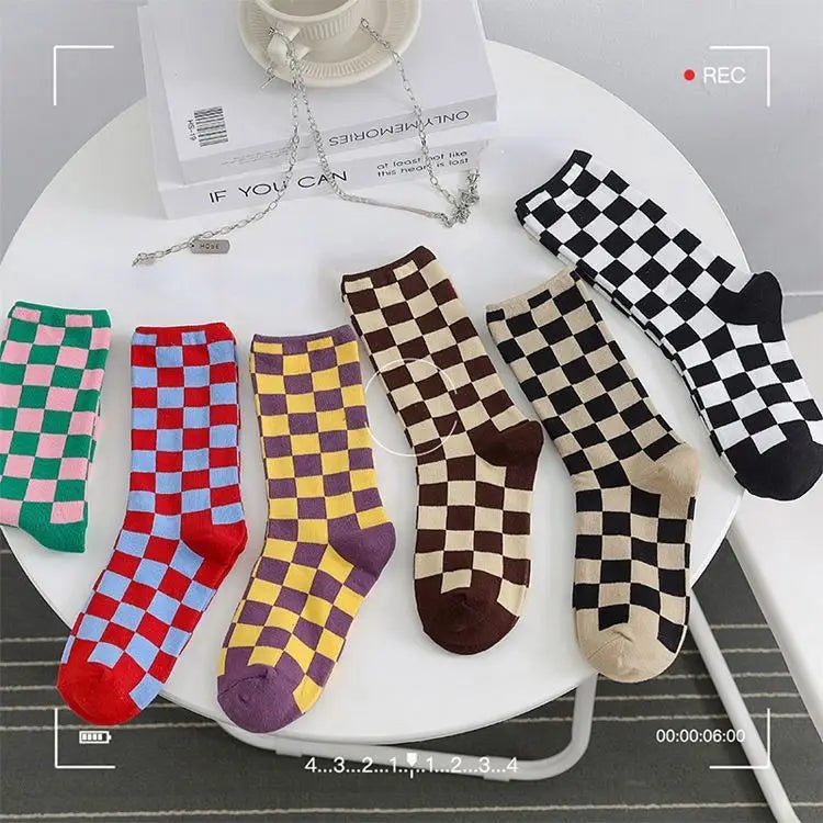 Cmax Net Red Checkerboard Sport Knitted Women's Medium Tube Paragraph Plaid Socks Cotton