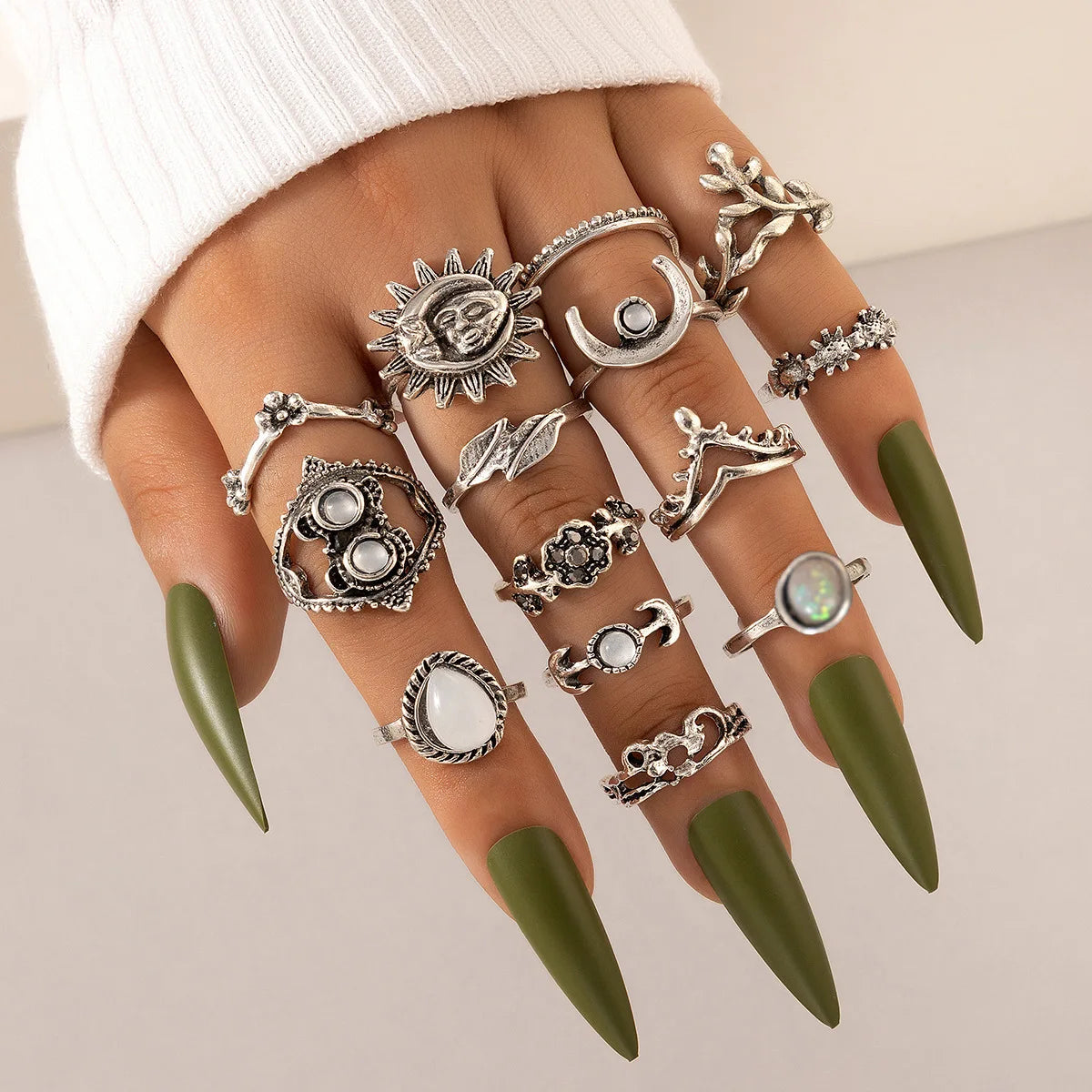 2025 New Vintage Bohemian Ethnic Style Natural Moonstone Rings Turquoise Gemstone Silver Rings Jewelry Ring Set