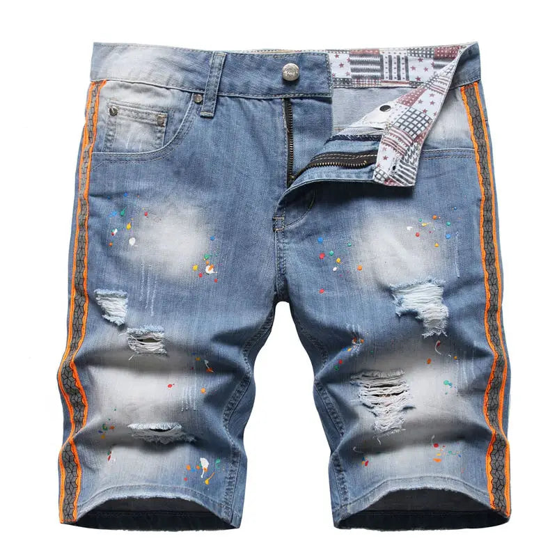 American Street Style Customize Summer Shorts Jeans Light Blue Ripped Pants Cross Print Straight Denim Shorts
