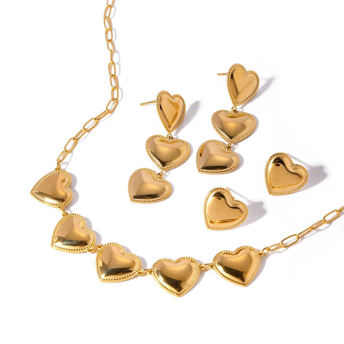 J&D Minimalist 18K Gold Stainless Steel Jewelry Smooth Triple Heart Tassel Long Pendant Earring Women