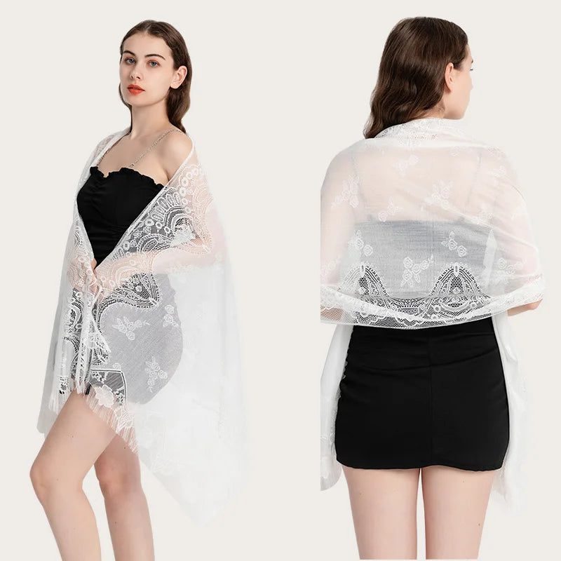Costom logo Floral Lace Mesh for Evening Party Prom Wedding Shawl Solid Colors Scarf With Fringes
