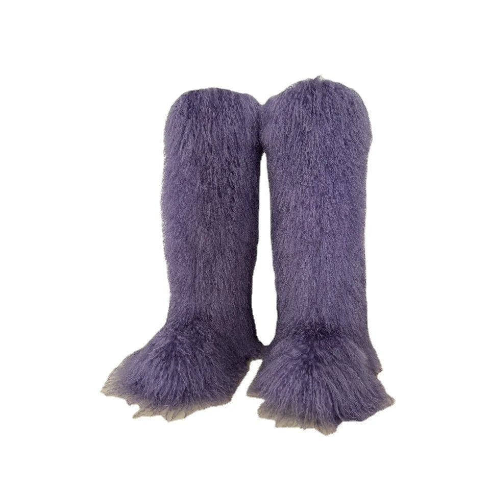 Women Long Mongolian Fur  Boots Winter Warm Thick Sole High Boots Fluffy Fur Over-the-knee Fashion Outdoor Snow Boot