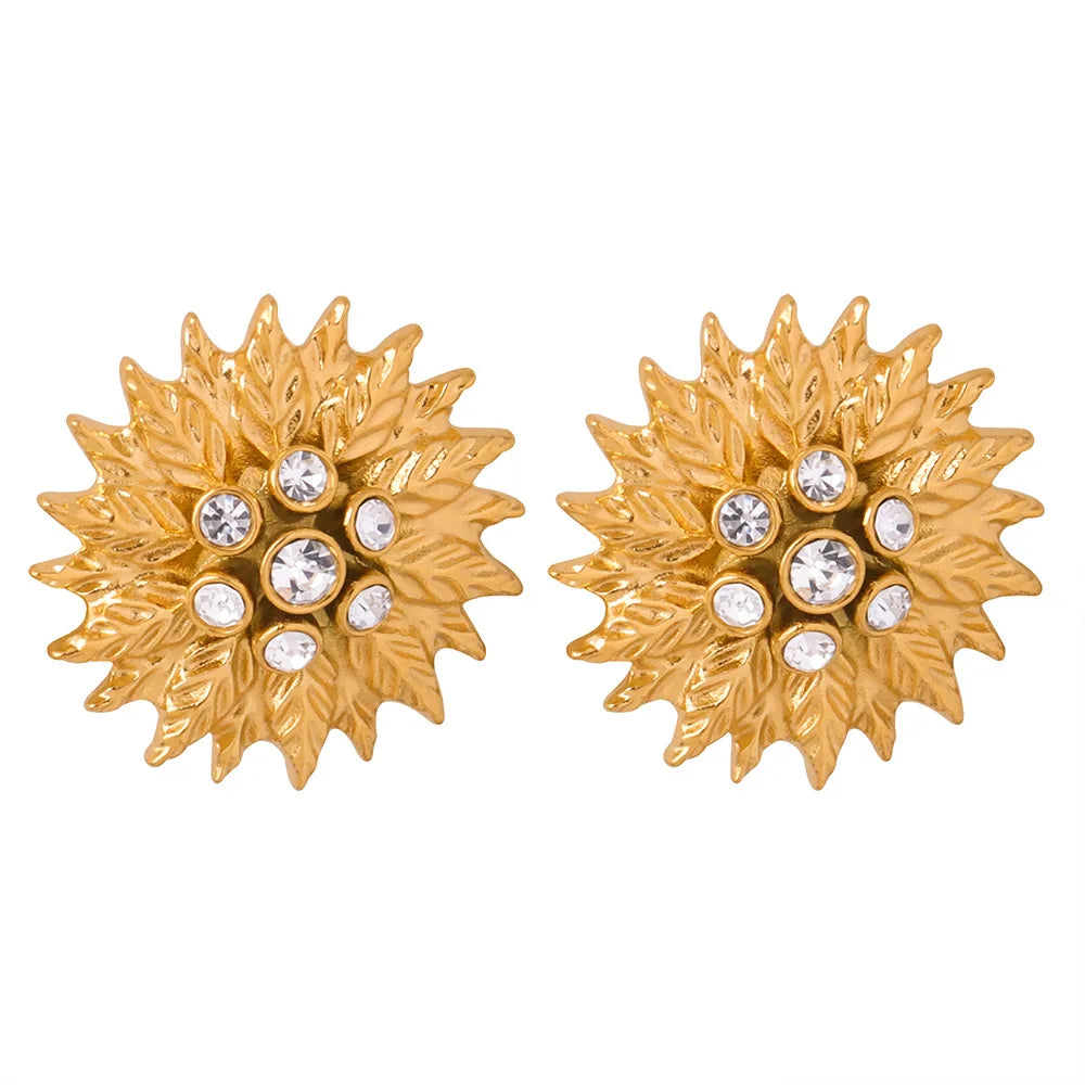 Ins Popular Large Sunflower Texture Design Earrings Cubic Zirconia Stainless Steel 18k Gold Plated Stud Earrings Pendientes