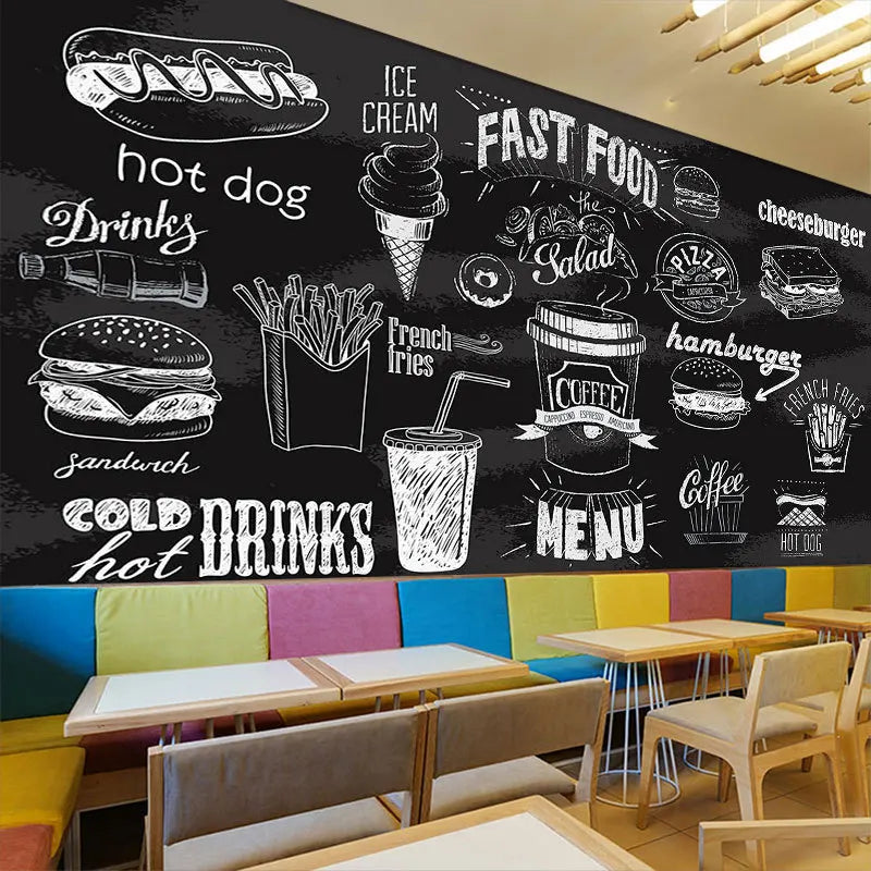 3D Black White Graffiti Wallpaper Cake Milk Tea Coffee Shop Casual Mural Burger Pizza Shop Western Restaurant Wallpaper
