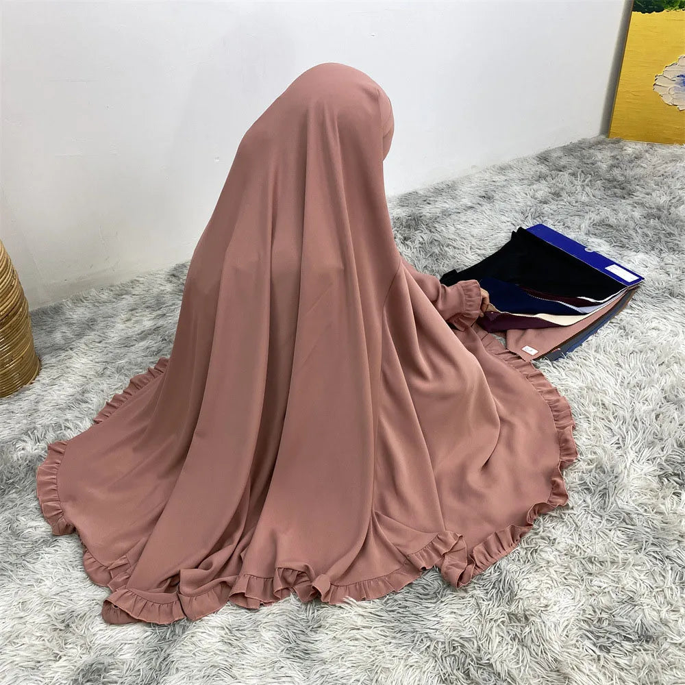 Nida Ruffle Khimar With Niqab Strings Dubai Ramadan Eid Prayer Long Hijab Islamic Clothing Instant Scarf for Muslim Women