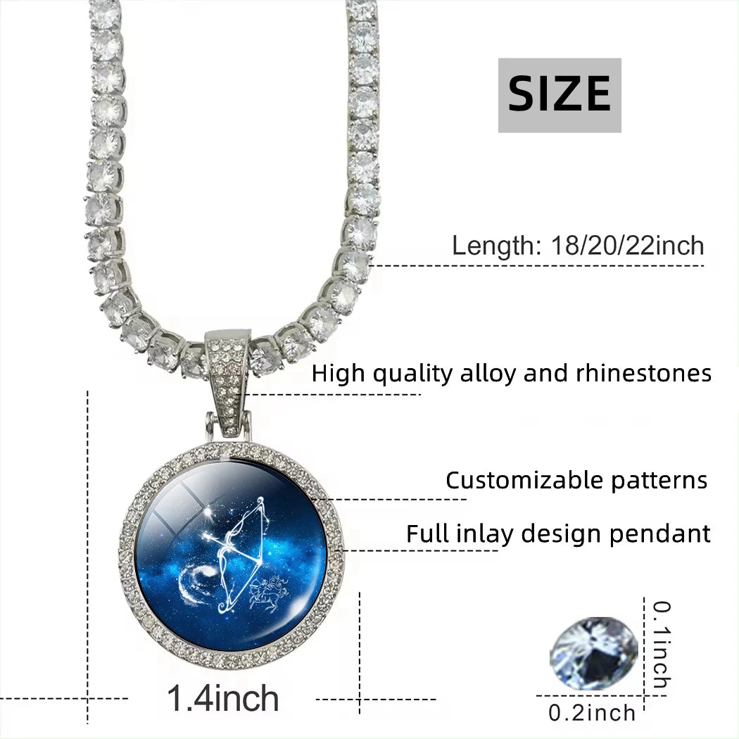 Designer Custom Silver 12 Constellations Necklace Glass Diamond Blue Round Horoscope Pendant Men Women HipHop Zodiac Necklace