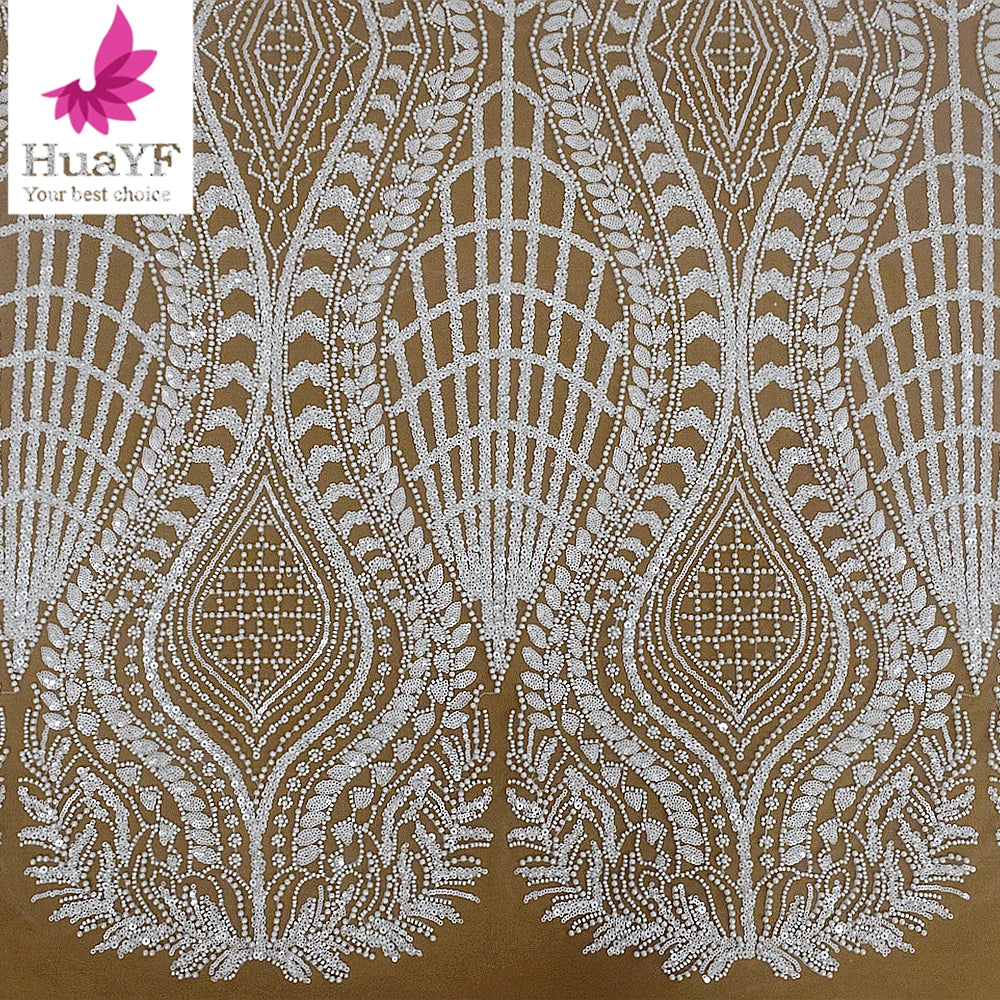 HY2754 Nigeria High-End New White Luxury Beads Sequin Bridal Lace With Pearl Tulle Wedding Dress Fabric