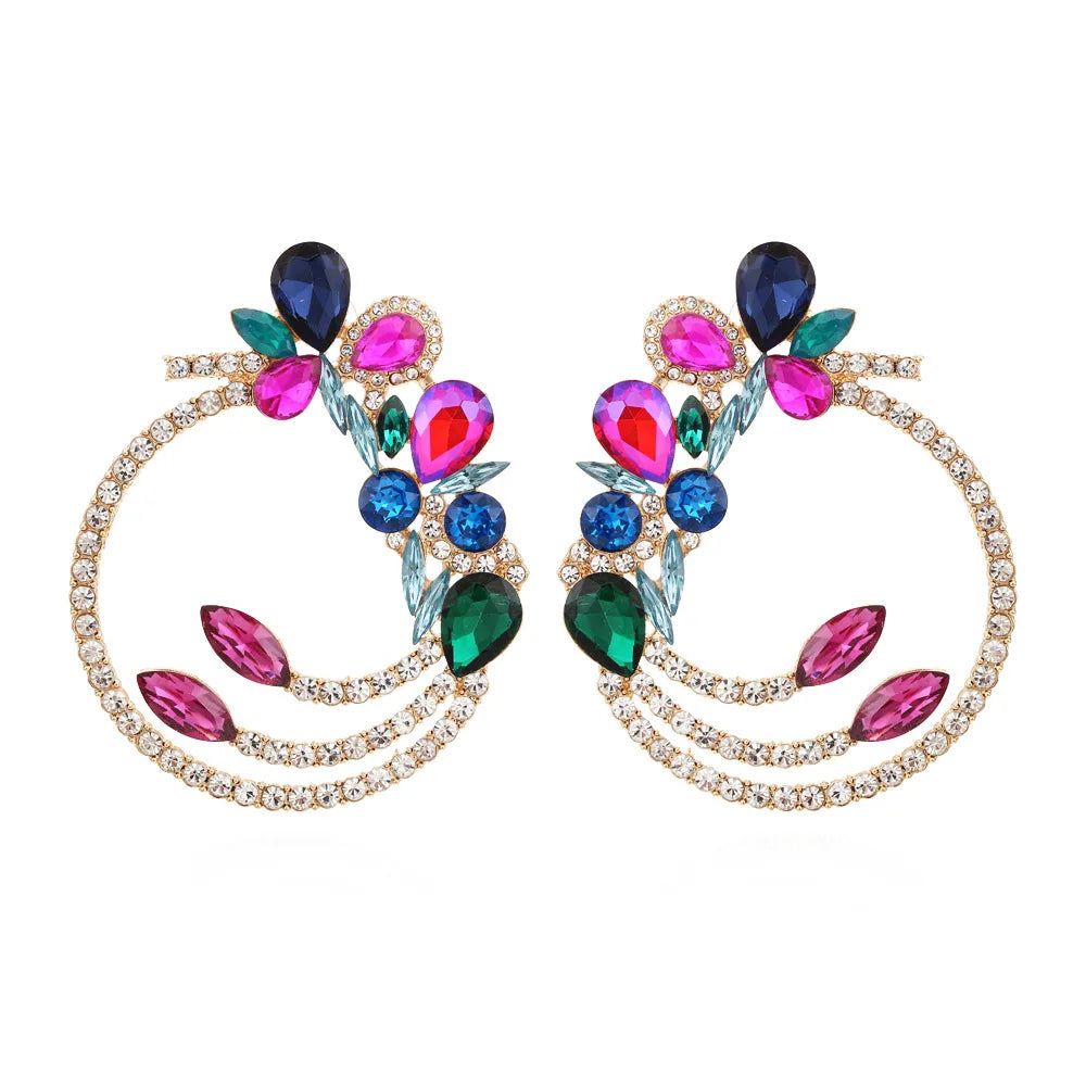2023 Valentines Days  Luxury Style Colorful Diamond Flower Earrings Personality Creativity Hollow Round Alloy Diamond Earring
