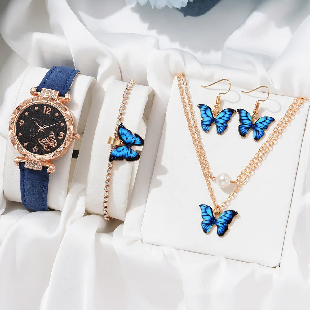 Luxury Women butterfly  Bracelet Watches Set Ladies Simple Watch Fashion Elegant Leather Strap Quartz Ladies Watch