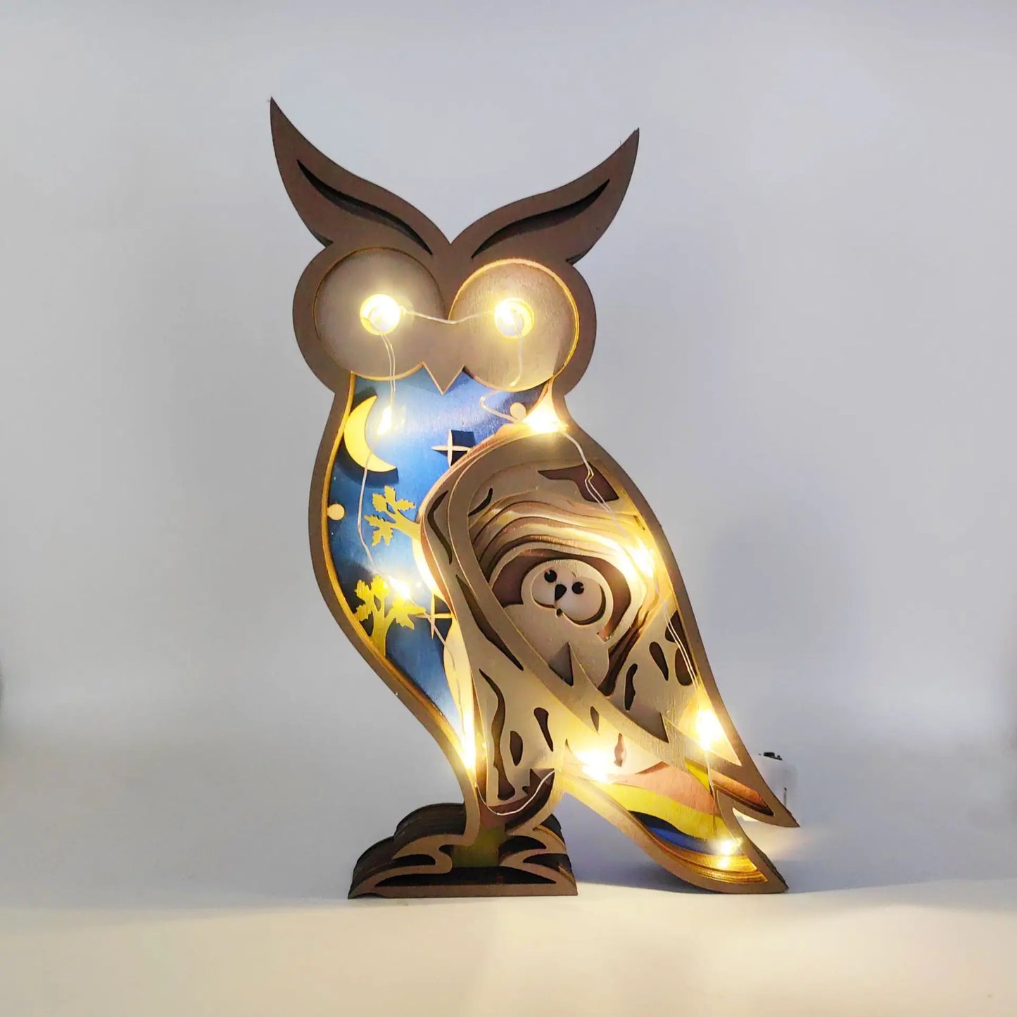 New Wood Carved Owl Crafts Home Decor Multi-layer Hollow Owl Decoration  Wooden Art Craft Wall Lamps Table Lamp
