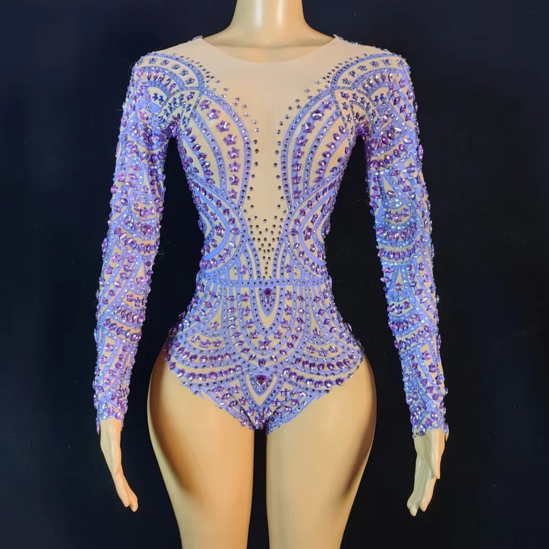 Sexy See Through Crystal Rhinestone One Piece Short Jumpsuit Female Exotic Dancer Clothes Women Stage Rompers Bodycon Bodysui