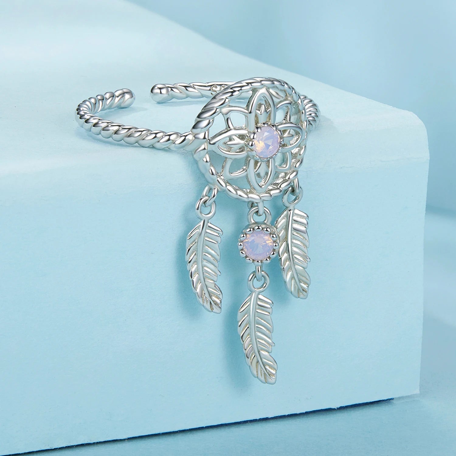 925 Sterling Silver Dream Catcher Opening Ring Women Dreamy Pink Opal Party Stackable Rings Anillo Holiday Jewelry Gift SCE10