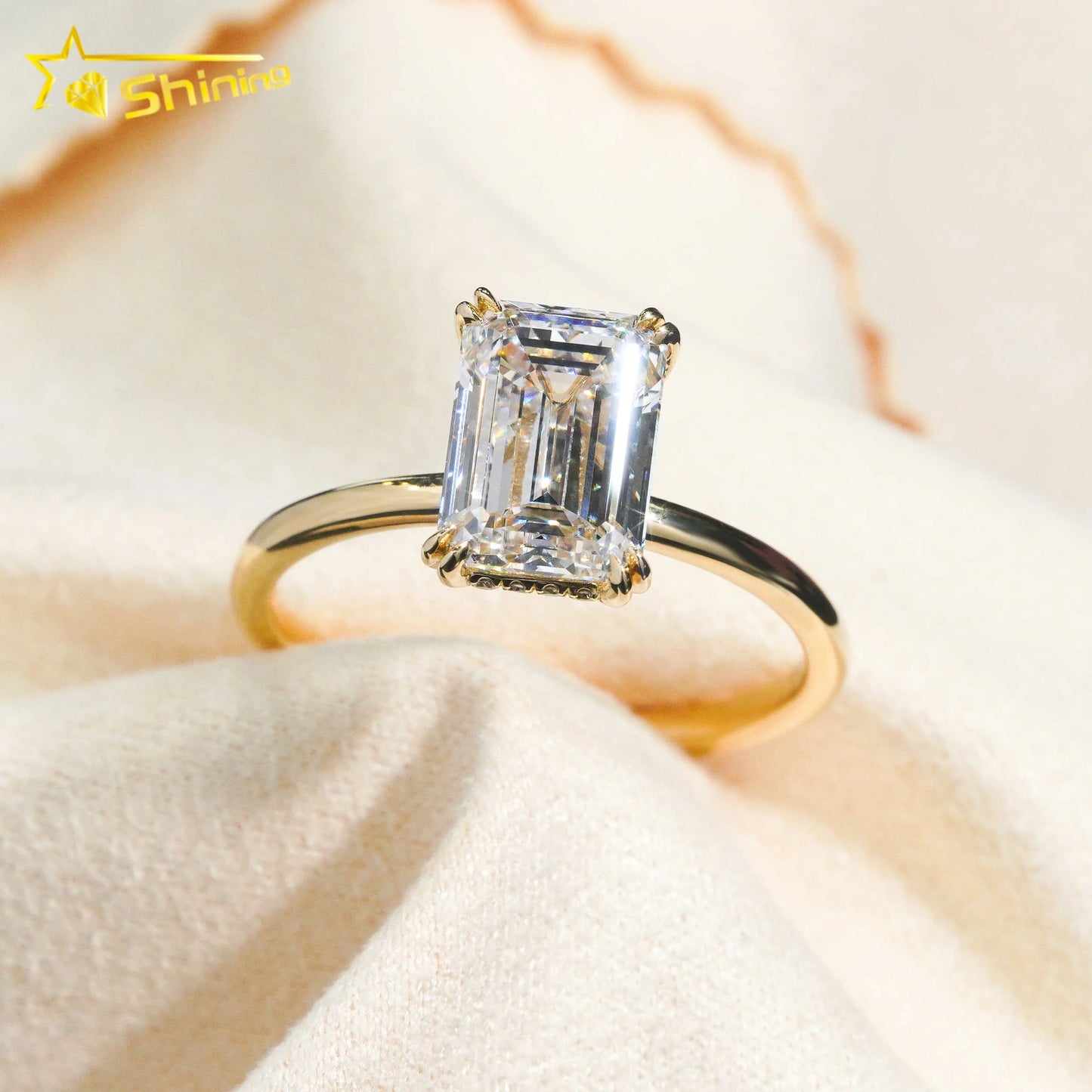 Hidden Halo Emerald Cut 3ct VVS2 Lab Grown Diamond CVD Mirco Pave Engagement Ring 14K Solid Gold Wedding Engagement  Ring