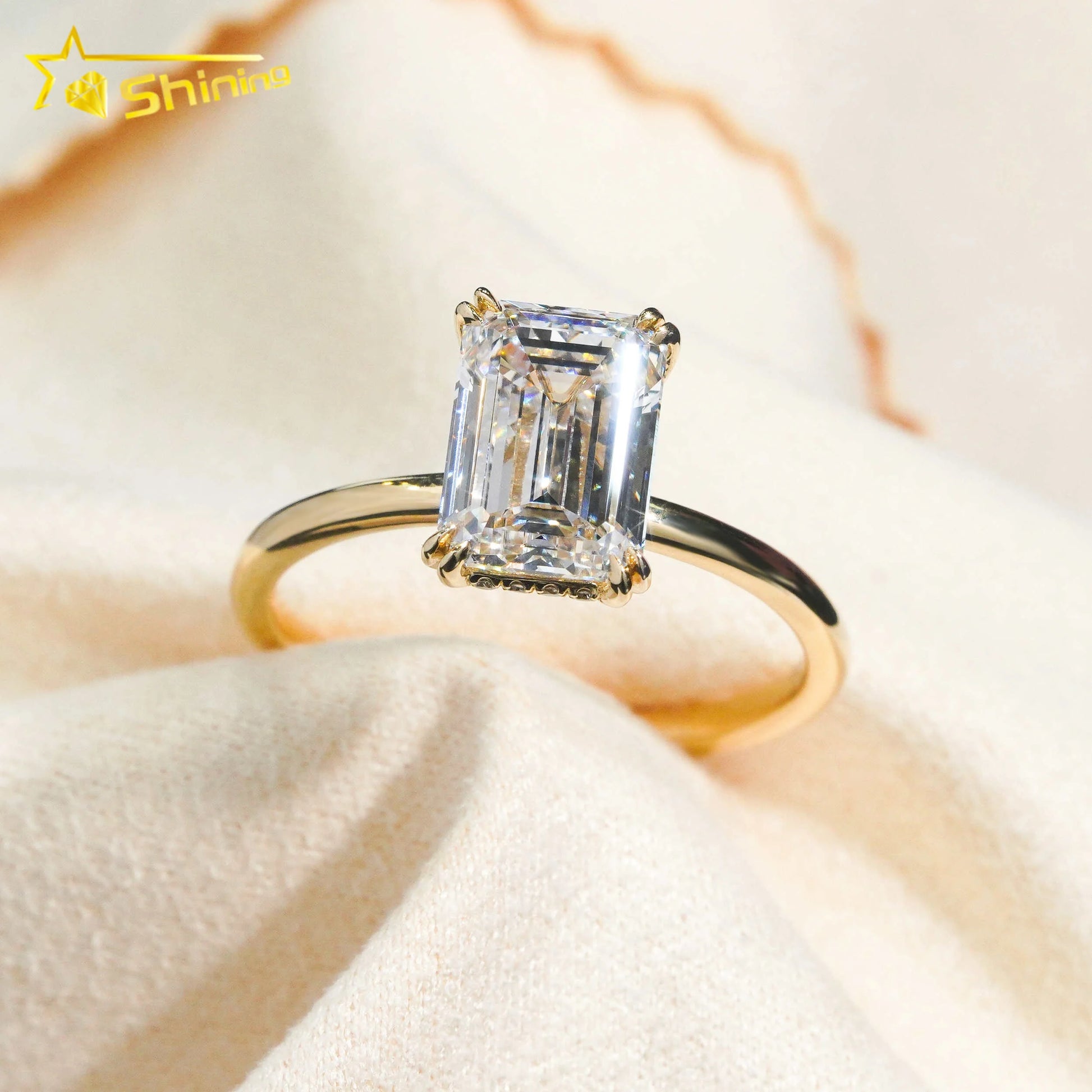 Hidden Halo Emerald Cut 3ct VVS2 Lab Grown Diamond CVD Mirco Pave Engagement Ring 14K Solid Gold Wedding Engagement  Ring