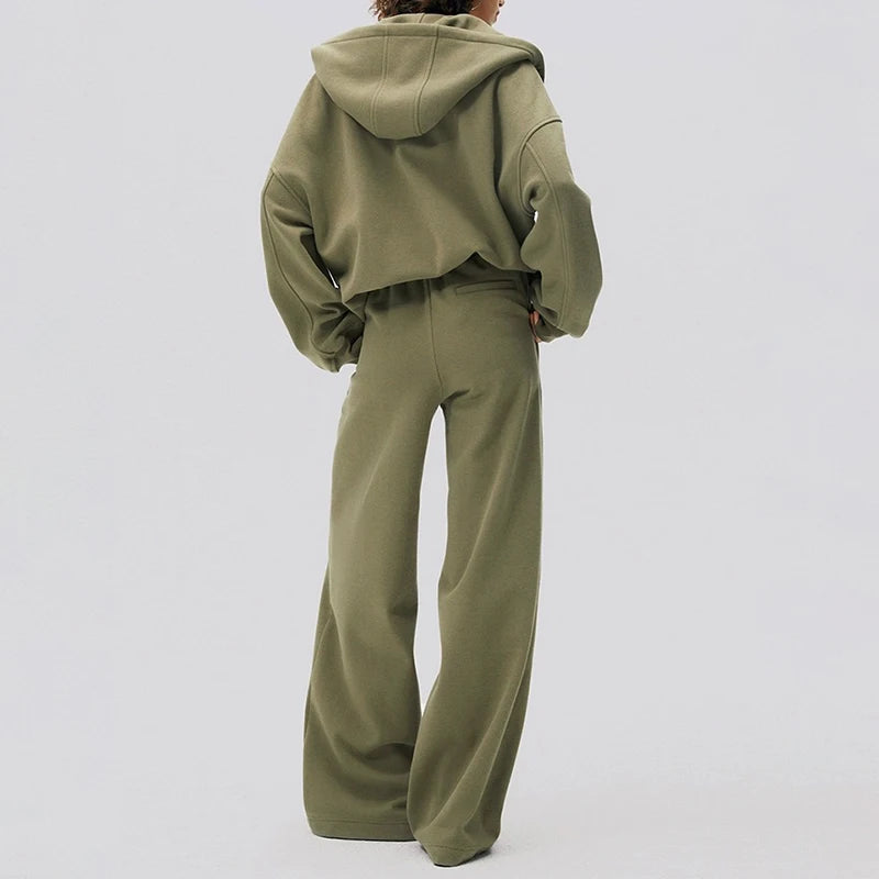 F240098 Custom Women Two Piece Outfits Clothing Set Lady Fashionable Fleece Zip up Hoodie Oversize Loose Wide Leg Sweatpants 