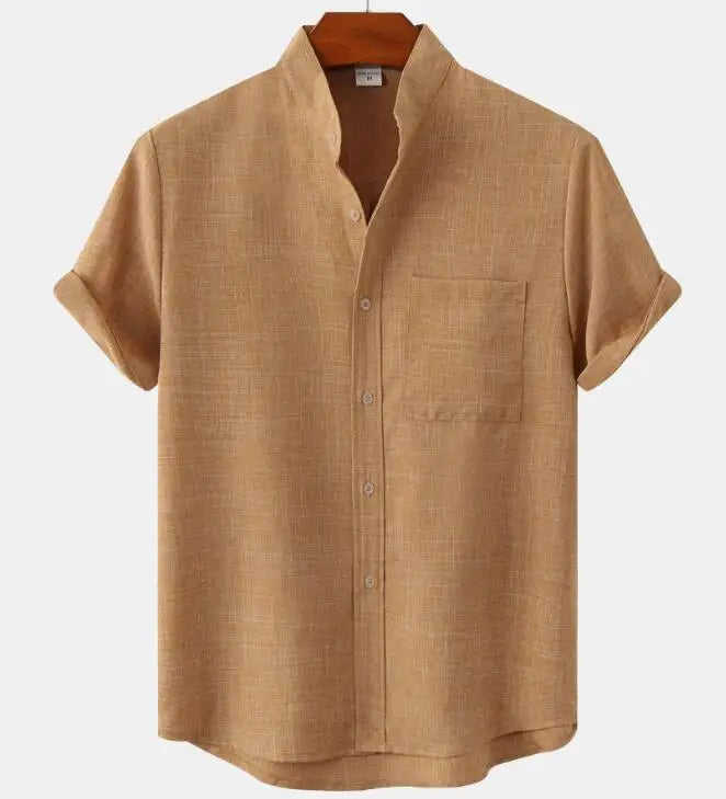Men's Standing Collar Solid Color Shirt Casual Loose Fitting Pullover Button Men's Cotton Linen Short Sleeved Shirts