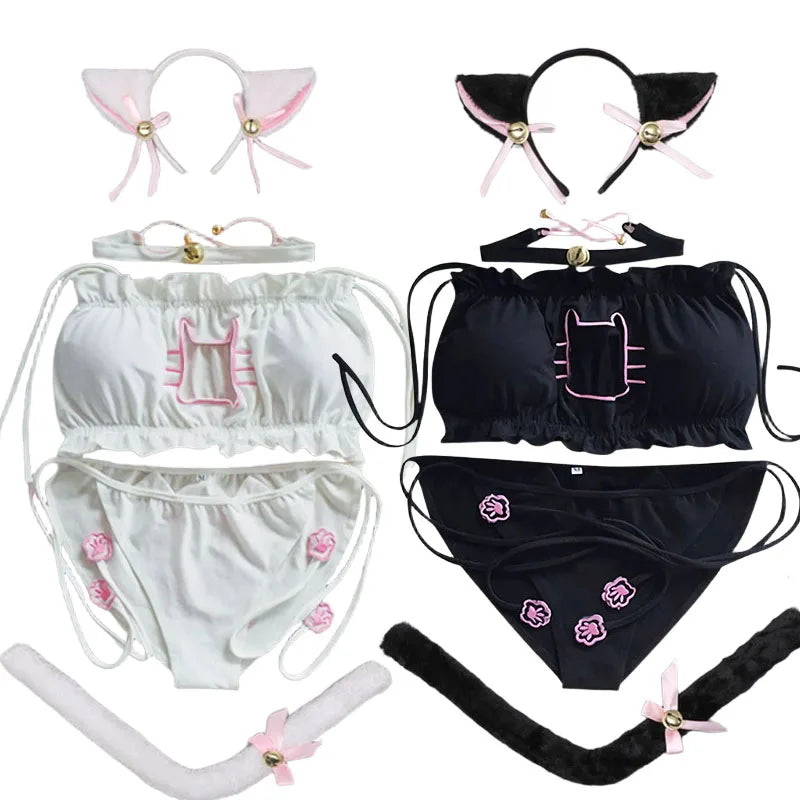 Japanese Anime Cos Cute Cat Girl Hollow Out Open Chest Lace-up Underwear Set Cosplay Cute Lace Panties Set