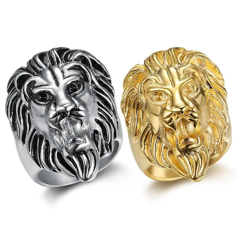Hip Hop Men's Ring 18K Gold Plated Stainless Steel Classic Lion Head Inlay Design Party Gift Jewelry