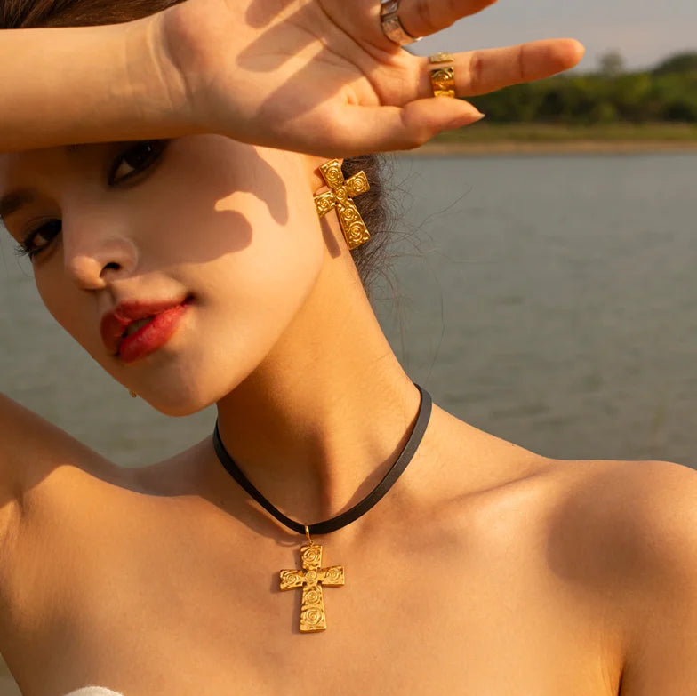 18K Gold Plated Stainless Steel Cross Necklace Earrings Brooch Ring Set for Women Fashion Trend Waterproof Jewelry Accessorie