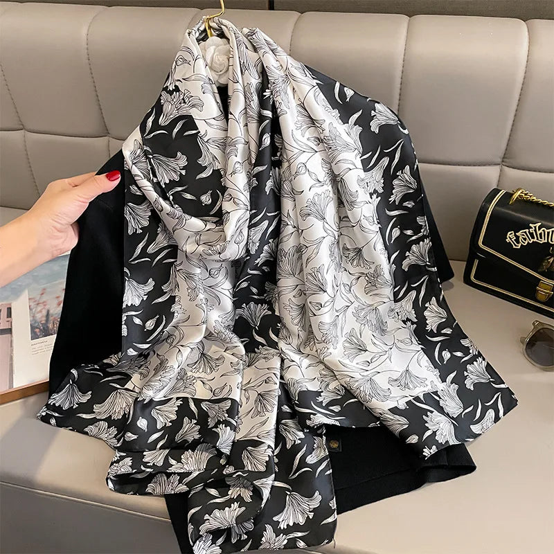 Hot Selling Long Large Fashion Women Soft Silk Printed Shawl Head Hijab 180*90cm Luxury Designer Flower Printed Soie Silk Sca