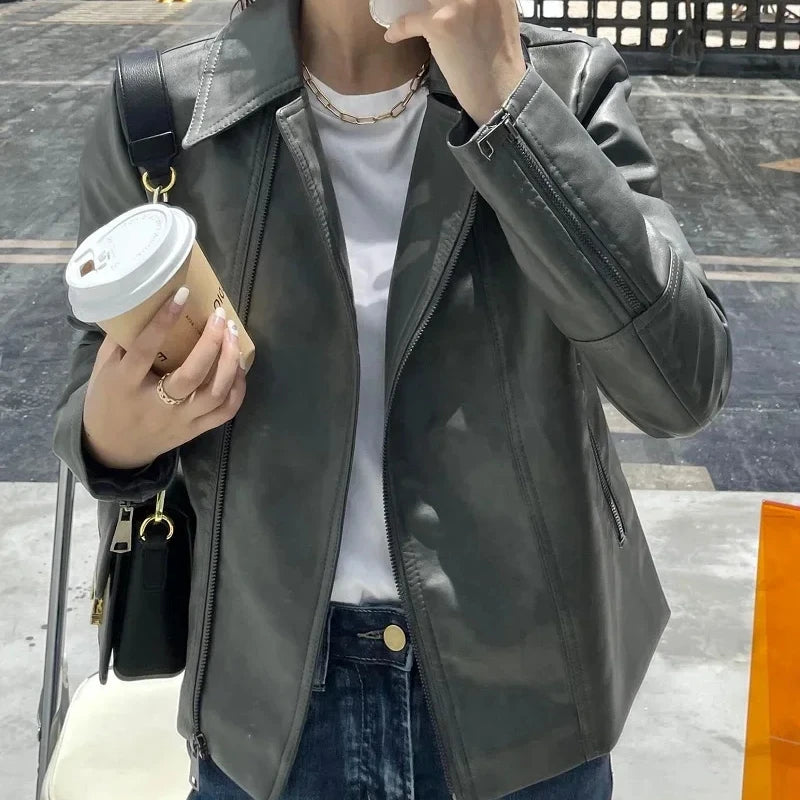 2024 Spring Autumn Trendy Women's Small Faux Leather Lapel Jacket Patchwork Short Motorcycle Jacket