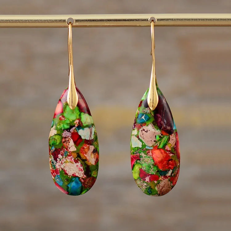 Boho Imperial Jasper Dangle Earring Natural Stone Colorful Drop Earrings Tear Drop Shape Jewelry for Women Girls