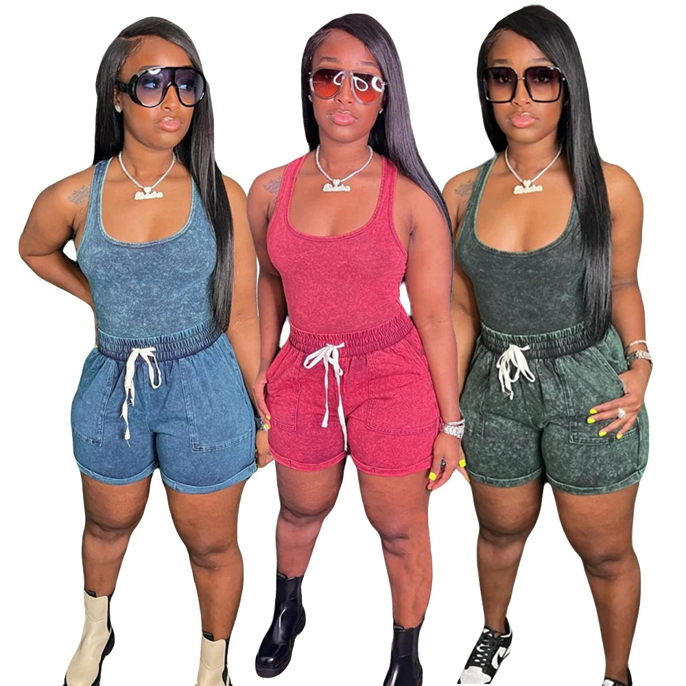 Custom Logo Women's Formal Jogger Tracksuit Solid Summer Sleeveless Tank Top Above Knee Shorts 2 Piece Set