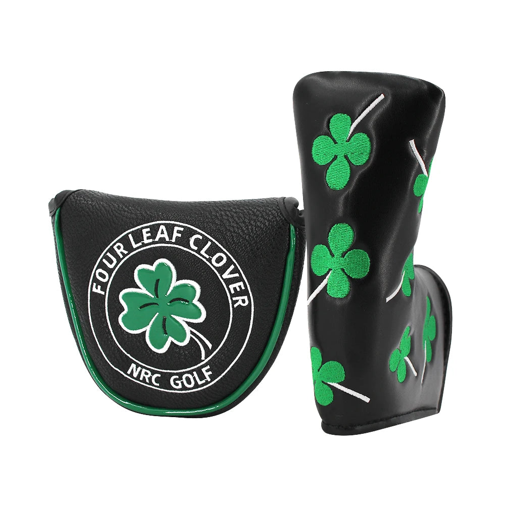 Good Luck Four Leaf Clover Golf Putter Cover for Mallet Blade Club Waterproof PU Leather Golf Head Cover White Black Protecto