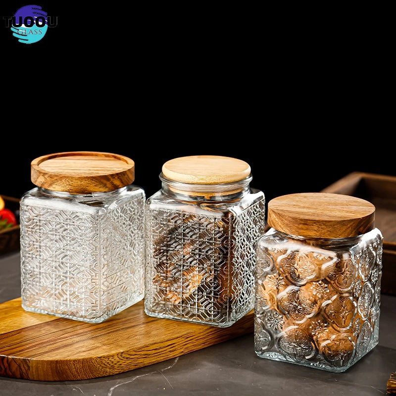 wholesale Begonia embossed thickened glass jar Bottles Jars Home Storage & Organization container