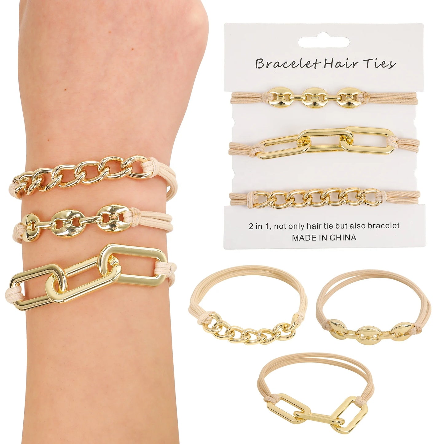 Ladies Elastic Hair Rubber Bands Personalized Hair Band Boutique Gold Silver Black Metal Link Chain Hair Tie Bracelet for Wom