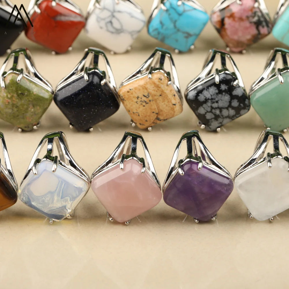 Rhombus Shape Gemstone Cabochon Beads Silver Rings for Mens Jewelry Birthday Gift