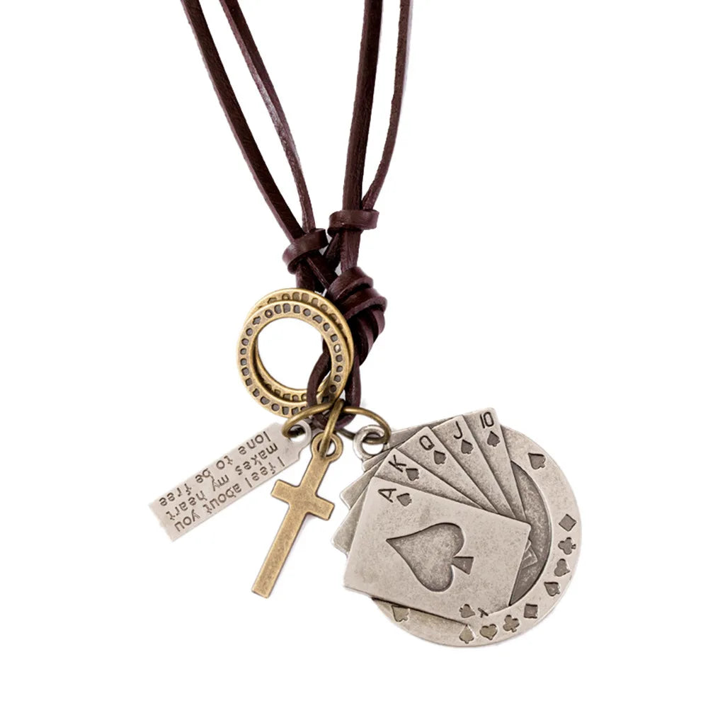 Wholesale Men Necklace Accessories Personality Jewelry Adjustable Size Metal Poker Sweater Chain Leather Necklace Lucky Gifts