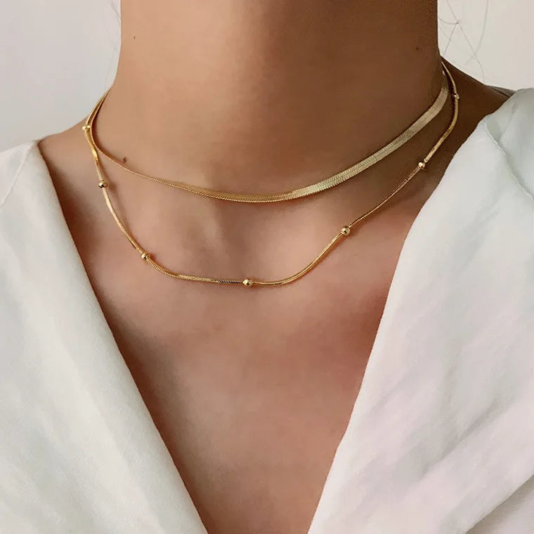 Personalized Multilayer 14k Gold Plated Stainless Steel Necklace Bead Chain Snake Chain Double Layer Necklace