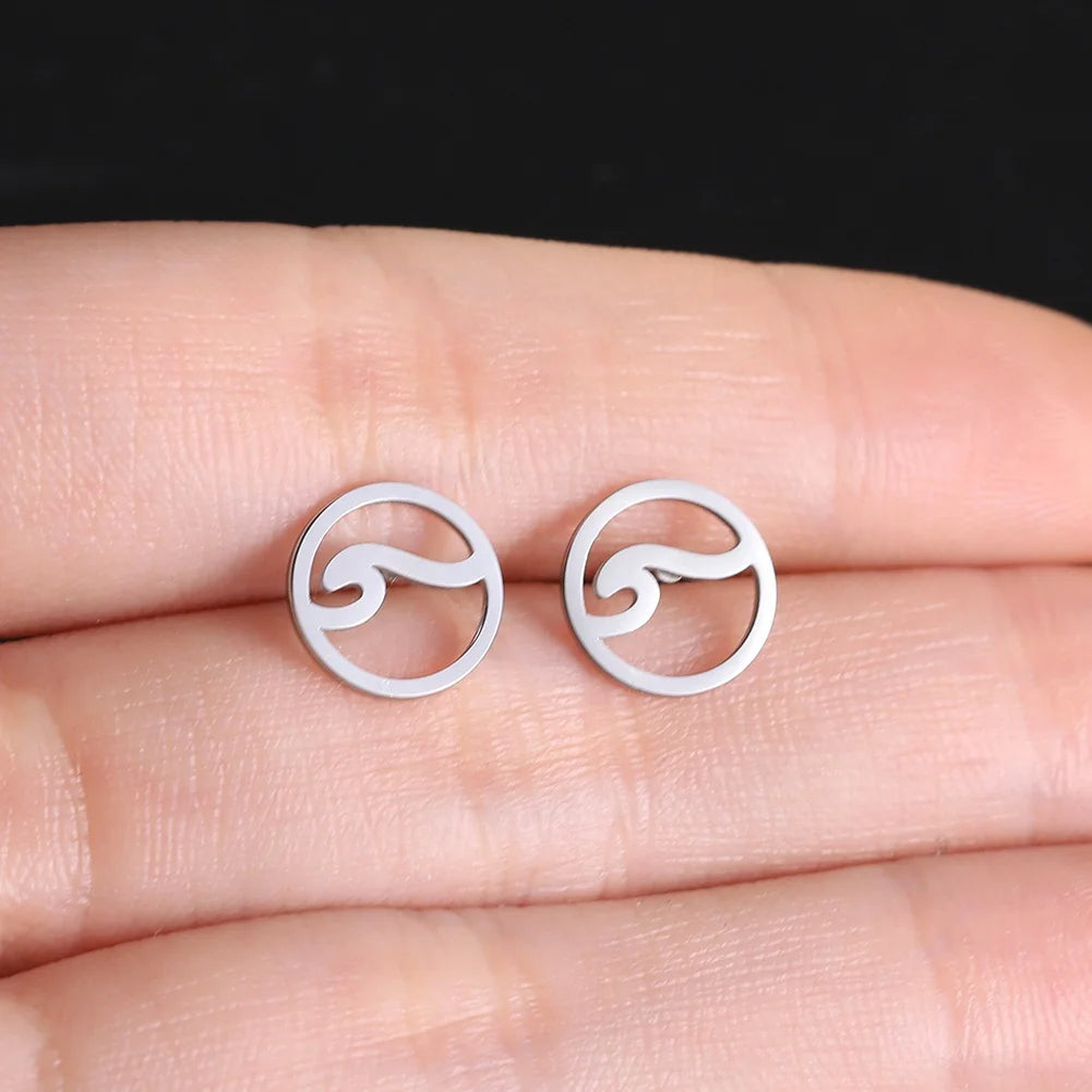 Round Design Hollow Sea Wave Earrings for Women Men Ocean Surf Beach Jewelry Simple Stainless Steel Stud Earrings Holiday Gif
