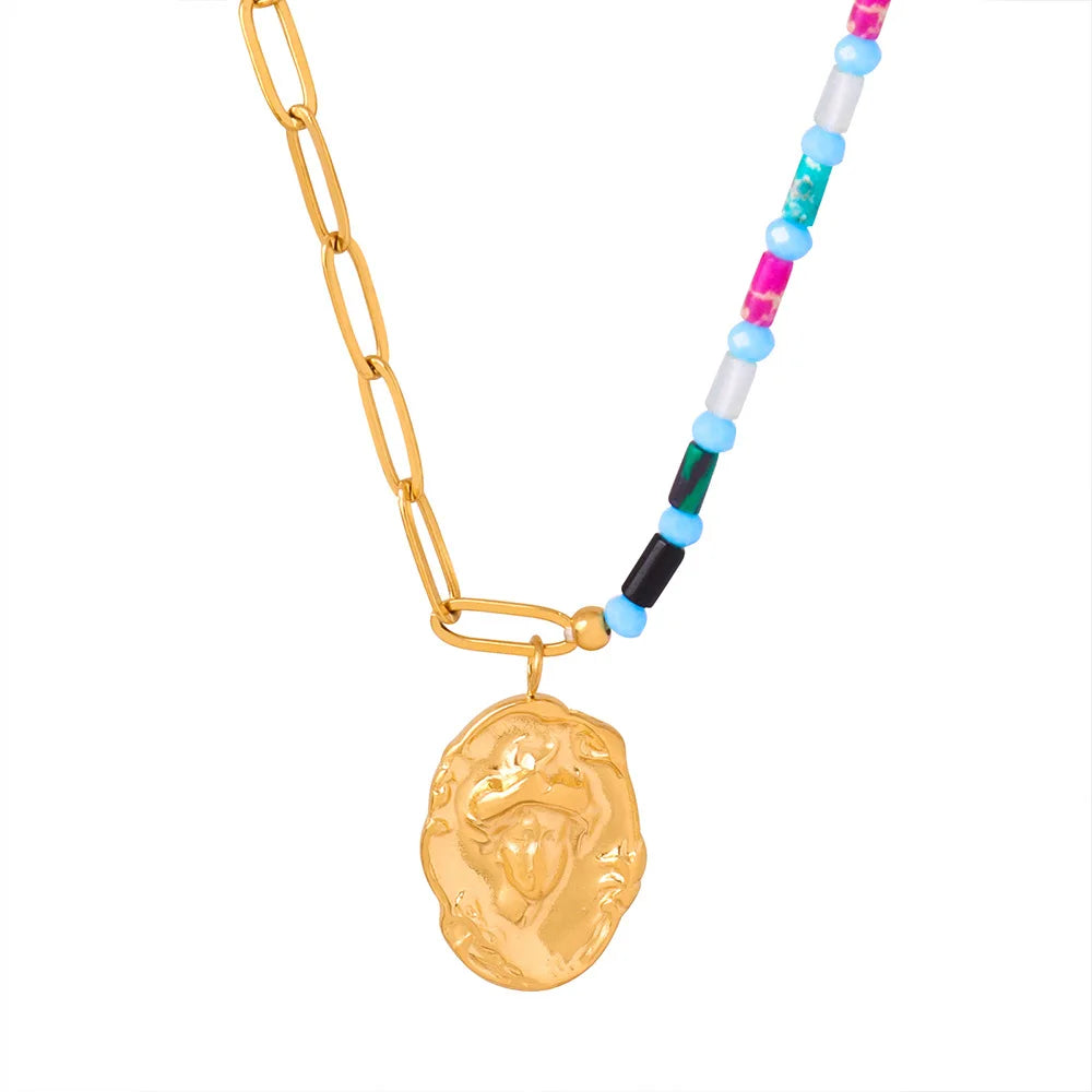 Retro Gold Plated Stainless Steel Portrait Oval Pendant Necklace Boho Paper Clip Chains Splicing Natural Stone Beaded Necklac